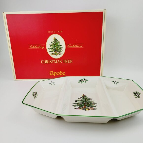 Spode Christmas Tree Triple Server Plate England Vintage Holiday Design Platter